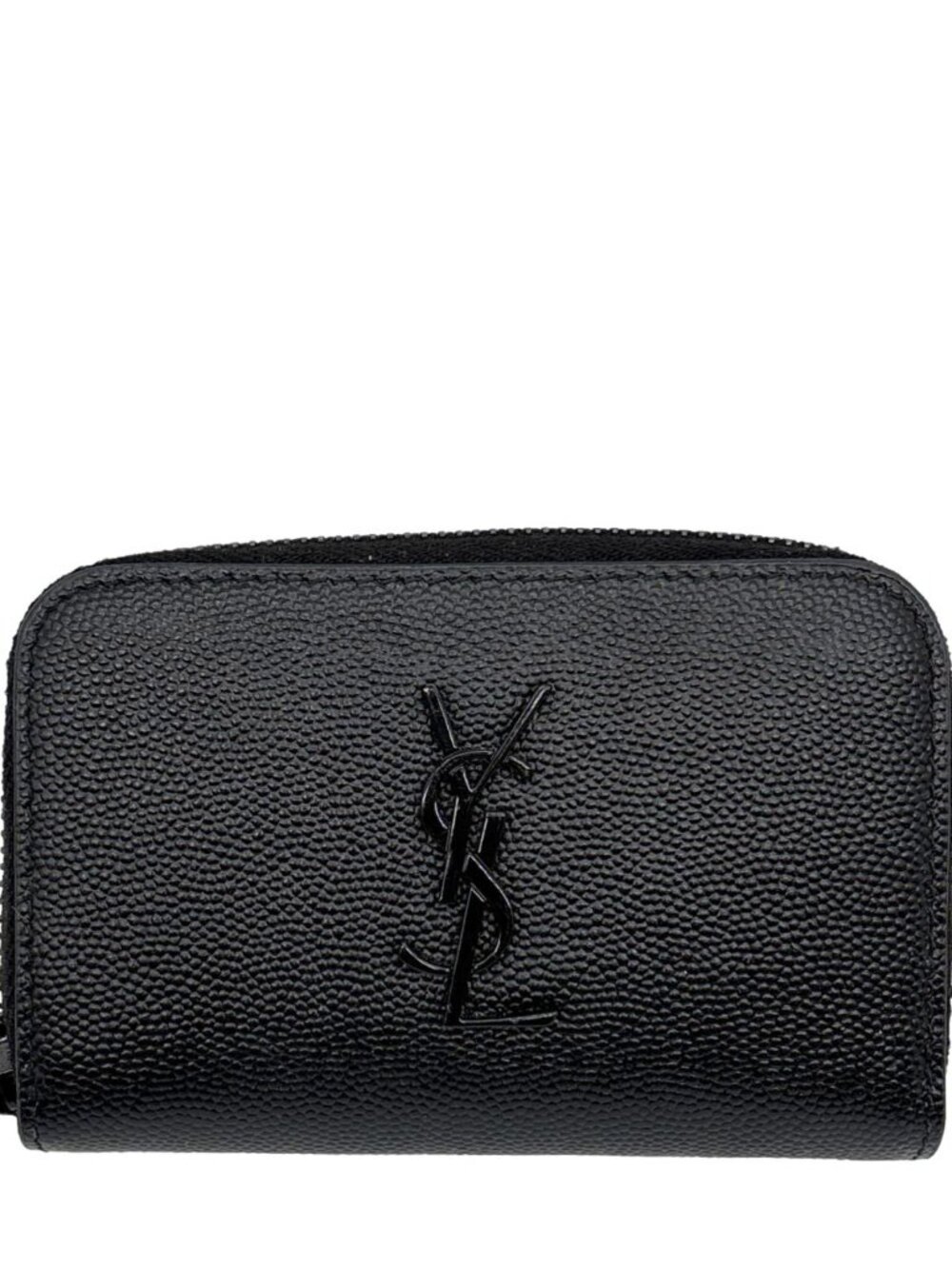 Yves Saint Laurent Monogram Logo Grained Leather Zip Coin Purse Black